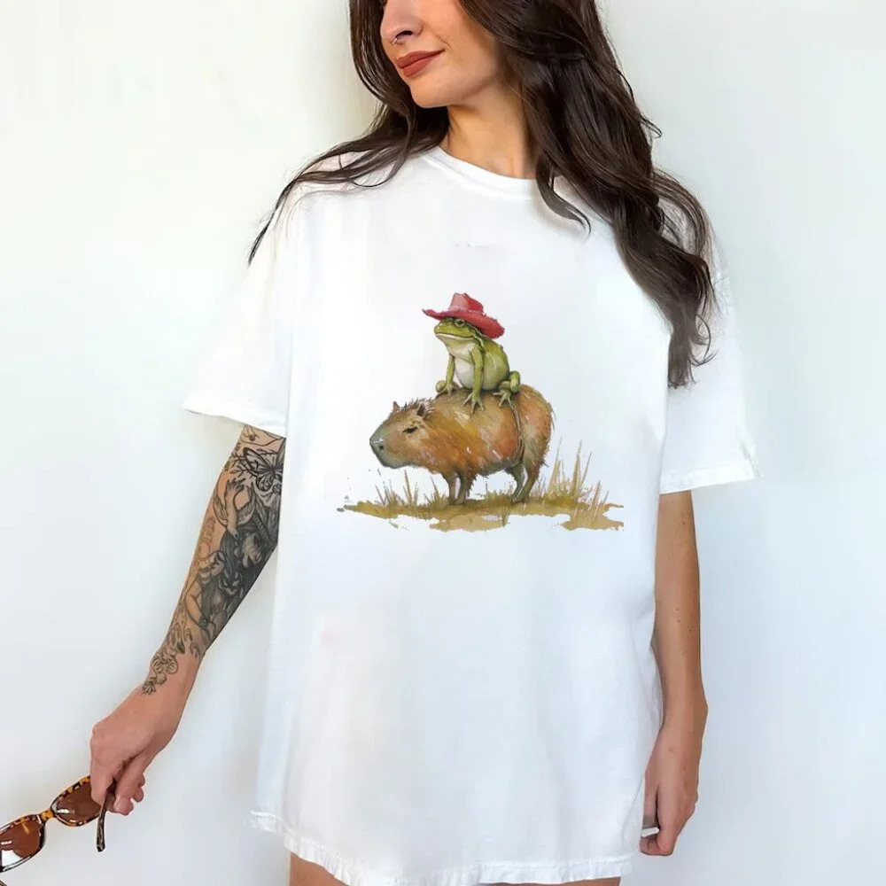 Capybara Cowboy Frog Funny  Retro Graphic Tee Gift For Men